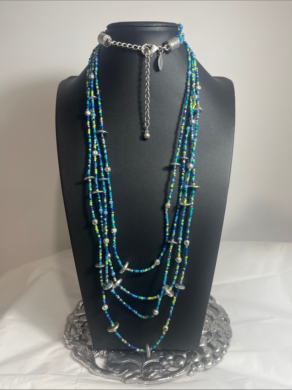 Chico's Layered Seed Bead Long Boho Necklace Blue Green Teal Silver Tone Disks